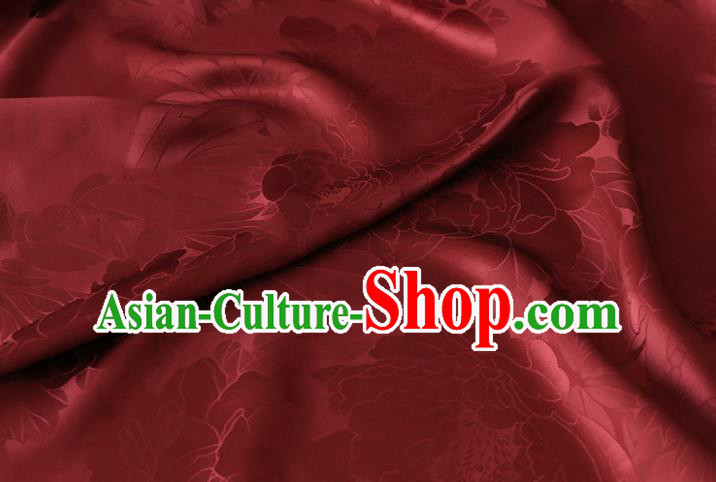 Chinese Traditional Purplish Red Silk Drapery Cheongsam Cloth Classical Royal Peony Pattern Satin Fabric
