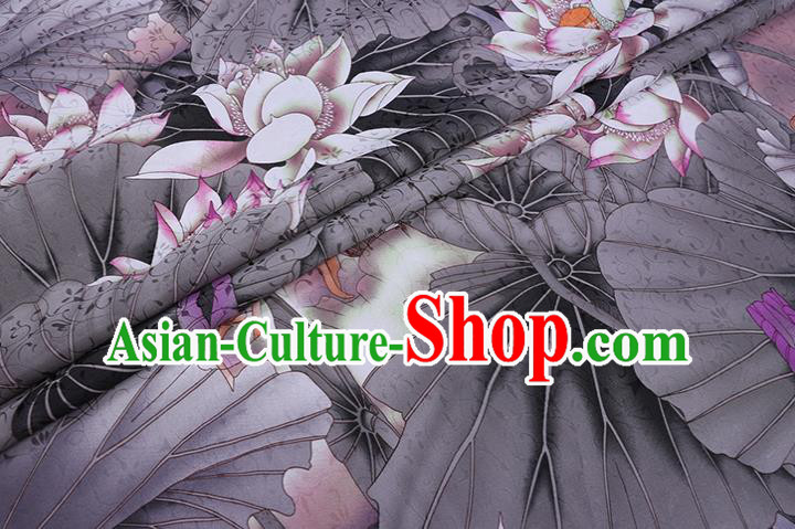 Chinese Traditional Classical Lotus Pattern Satin Fabric Cheongsam Cloth Grey Silk Drapery