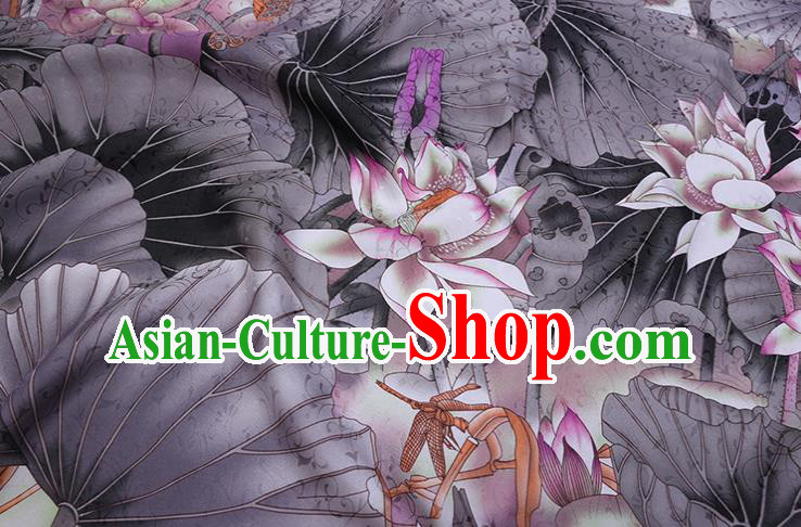Chinese Traditional Classical Lotus Pattern Satin Fabric Cheongsam Cloth Grey Silk Drapery