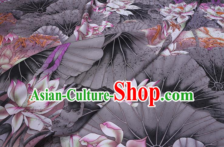 Chinese Traditional Classical Lotus Pattern Satin Fabric Cheongsam Cloth Grey Silk Drapery