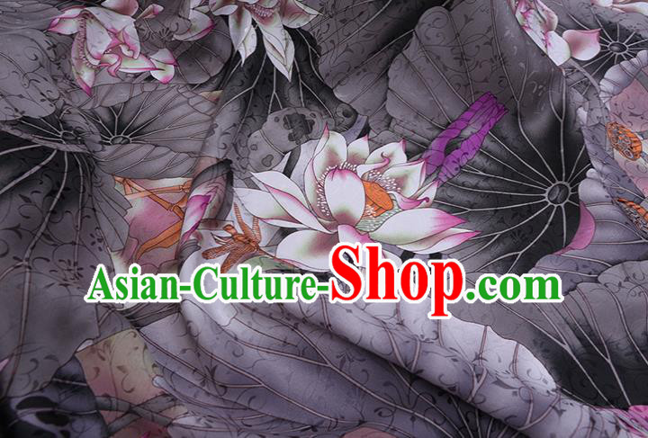 Chinese Traditional Classical Lotus Pattern Satin Fabric Cheongsam Cloth Grey Silk Drapery