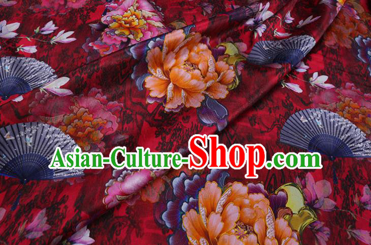 Chinese Classical Peony Pattern Satin Fabric Traditional Cheongsam Cloth Red Silk Drapery