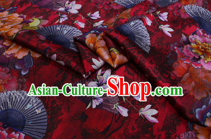 Chinese Classical Peony Pattern Satin Fabric Traditional Cheongsam Cloth Red Silk Drapery