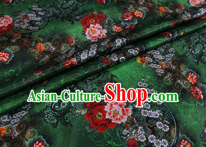 Chinese Green Silk Drapery Traditional Cheongsam Cloth Classical Peony Pattern Satin Fabric