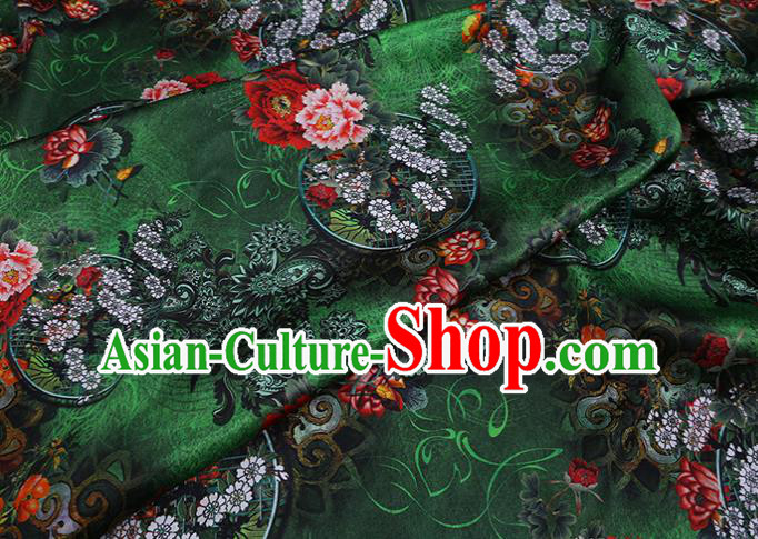 Chinese Green Silk Drapery Traditional Cheongsam Cloth Classical Peony Pattern Satin Fabric