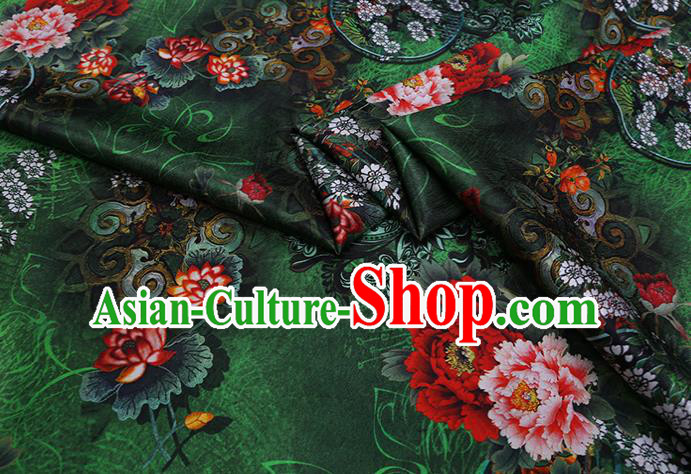 Chinese Green Silk Drapery Traditional Cheongsam Cloth Classical Peony Pattern Satin Fabric