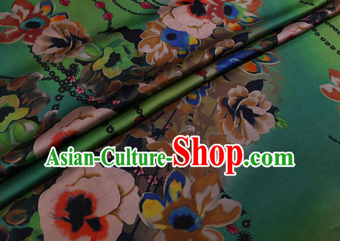 Chinese Cheongsam Fabric Classical Flowers Pattern Green Watered Gauze Traditional Gambiered Guangdong Silk