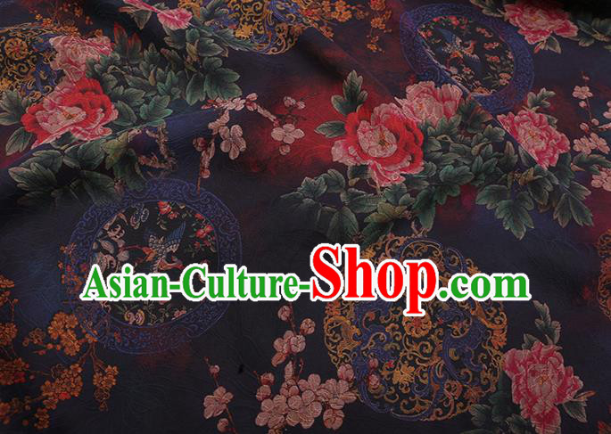 Chinese Cheongsam Silk Fabric Traditional Watered Gauze Classical Peony Pattern Navy Gambiered Guangdong Silk