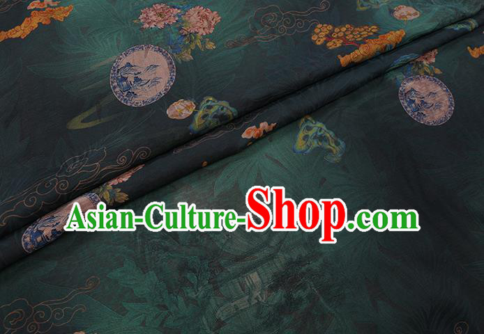 Chinese Classical Flowers Pattern Dark Green Gambiered Guangdong Silk Fabric Traditional Cheongsam Watered Gauze