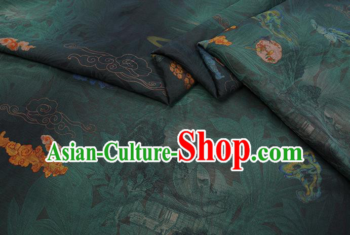 Chinese Classical Flowers Pattern Dark Green Gambiered Guangdong Silk Fabric Traditional Cheongsam Watered Gauze