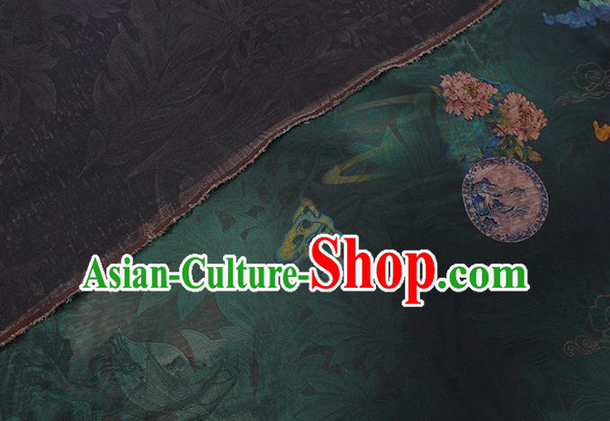 Chinese Classical Flowers Pattern Dark Green Gambiered Guangdong Silk Fabric Traditional Cheongsam Watered Gauze