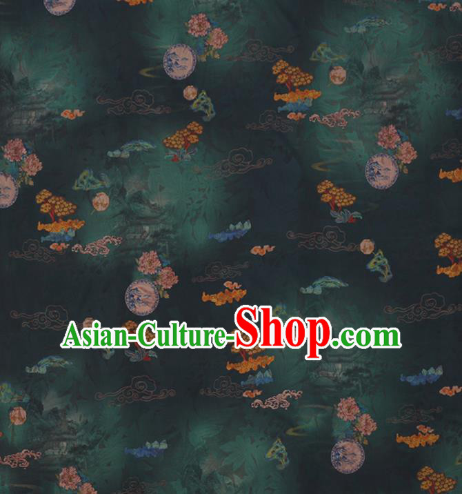 Chinese Classical Flowers Pattern Dark Green Gambiered Guangdong Silk Fabric Traditional Cheongsam Watered Gauze