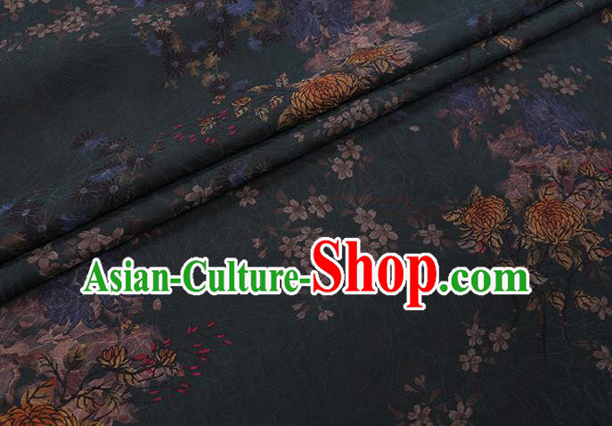Chinese Traditional Cheongsam Gambiered Guangdong Watered Gauze Classical Chrysanthemum Pattern Dark Green Silk Fabric