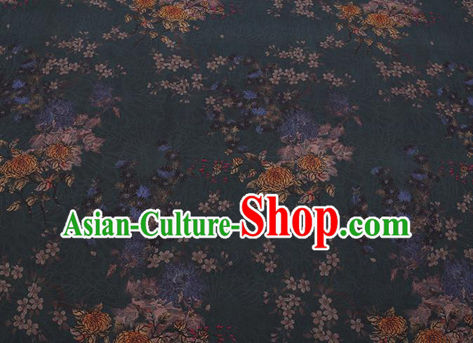 Chinese Traditional Cheongsam Gambiered Guangdong Watered Gauze Classical Chrysanthemum Pattern Dark Green Silk Fabric