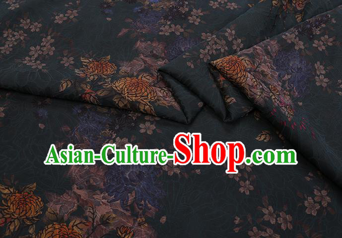 Chinese Traditional Cheongsam Gambiered Guangdong Watered Gauze Classical Chrysanthemum Pattern Dark Green Silk Fabric