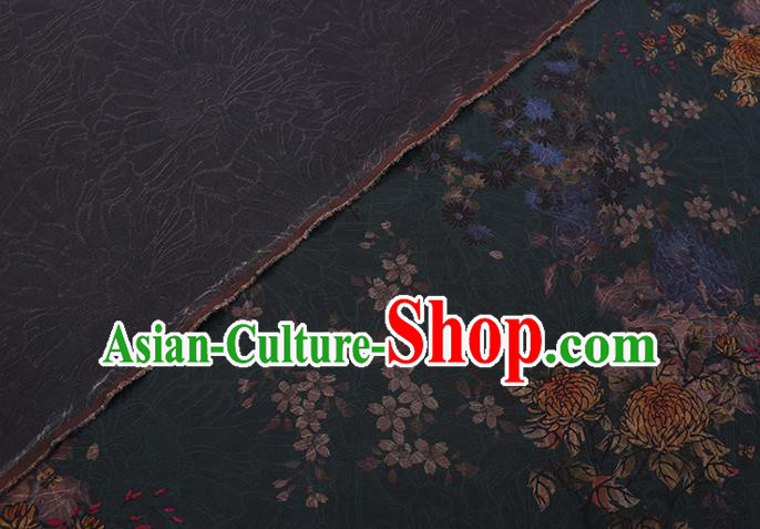 Chinese Traditional Cheongsam Gambiered Guangdong Watered Gauze Classical Chrysanthemum Pattern Dark Green Silk Fabric
