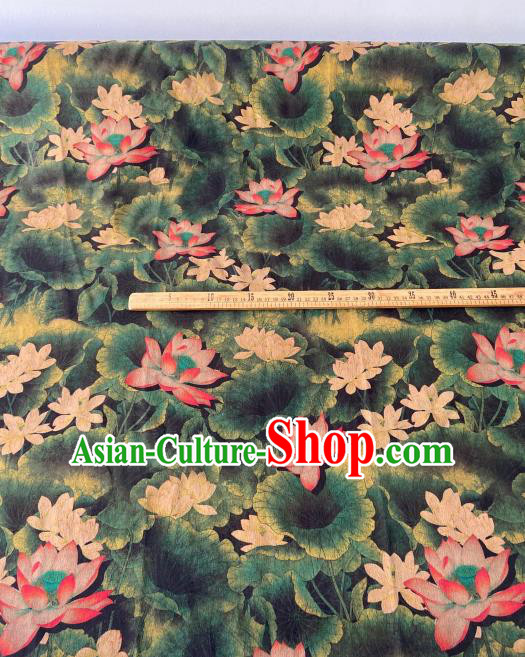 Chinese Classical Lotus Pattern Gambiered Guangdong Gauze Traditional Cheongsam Dark Green Silk Fabric