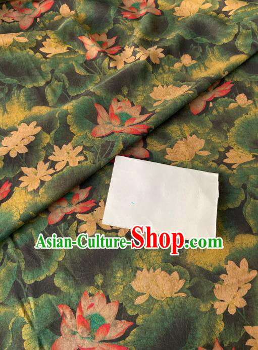 Chinese Classical Lotus Pattern Gambiered Guangdong Gauze Traditional Cheongsam Dark Green Silk Fabric