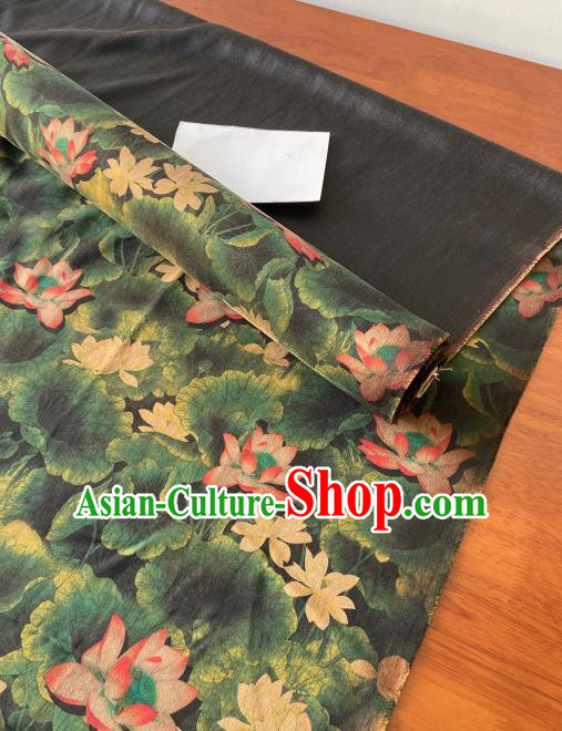 Chinese Classical Lotus Pattern Gambiered Guangdong Gauze Traditional Cheongsam Dark Green Silk Fabric