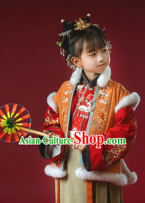 China Ancient Noble Girl Embroidered Hanfu Clothing Traditional Song Dynasty Baby Princess Historical Costumes for Kids