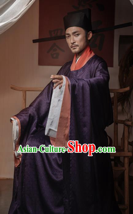 China Ancient Emperor Purple Hanfu Robe Traditional Song Dynasty Male Historical Clothing