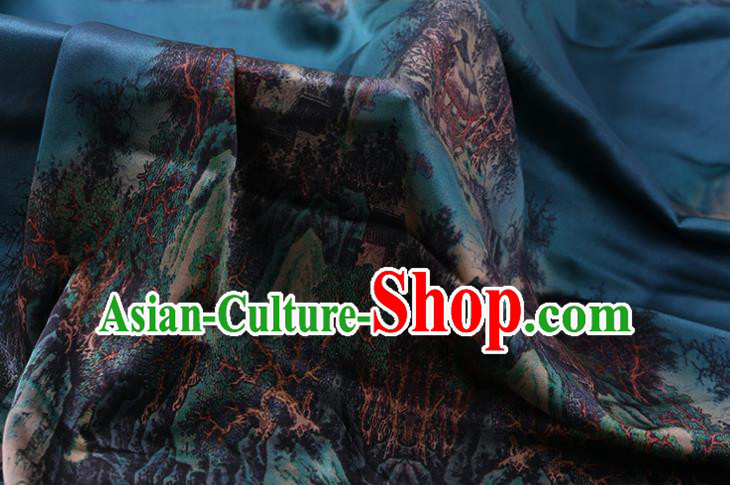 China Traditional Cheongsam Cloth Classical Printing Silk Fabric Blue Satin