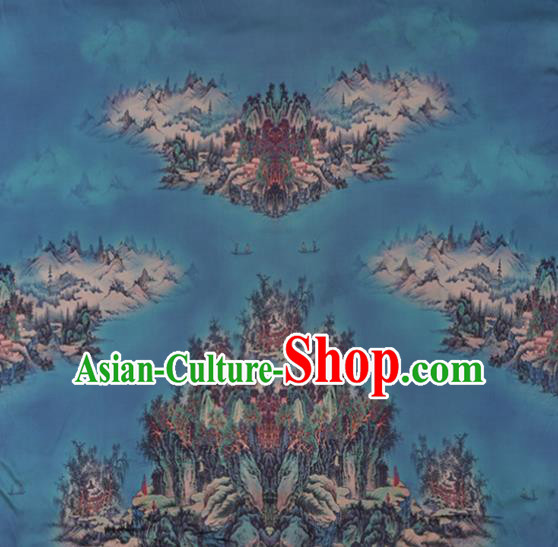 China Traditional Cheongsam Cloth Classical Printing Silk Fabric Blue Satin