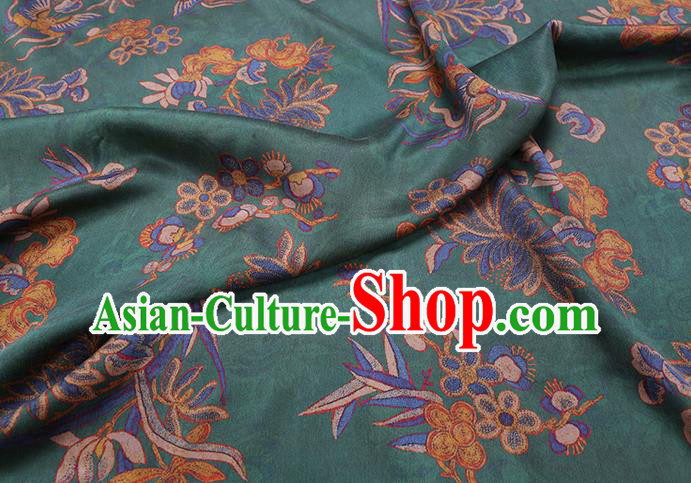 Chinese Traditional Gambiered Guangdong Gauze Cheongsam Cloth Fabric Classical Chrysanthemum Pattern Green Silk Drapery