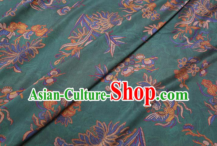 Chinese Traditional Gambiered Guangdong Gauze Cheongsam Cloth Fabric Classical Chrysanthemum Pattern Green Silk Drapery