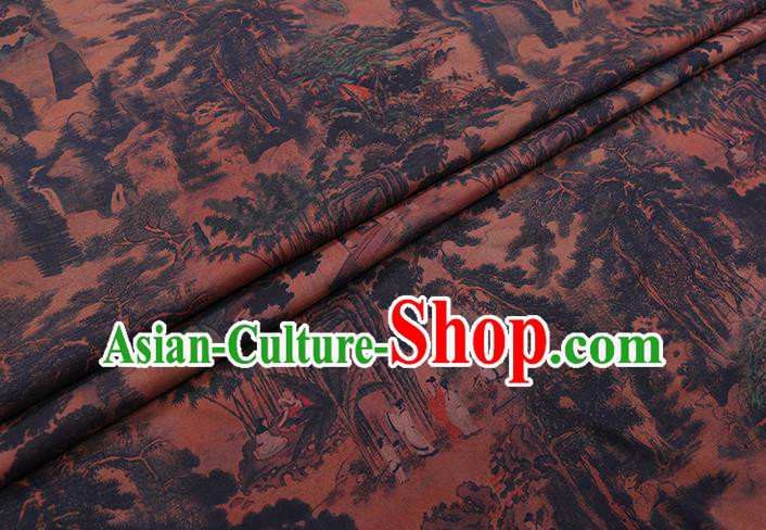 Chinese Traditional Brown Gambiered Guangdong Gauze Cheongsam Fabric Classical Landscape Pattern Silk Drapery