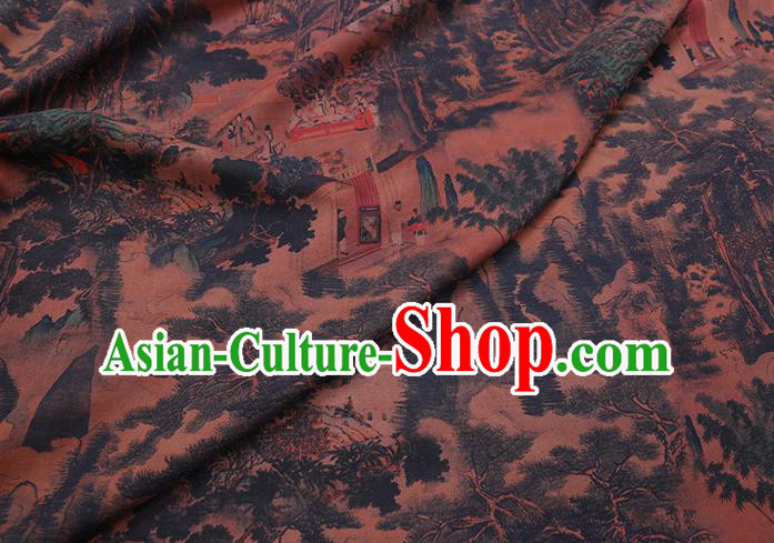 Chinese Traditional Brown Gambiered Guangdong Gauze Cheongsam Fabric Classical Landscape Pattern Silk Drapery