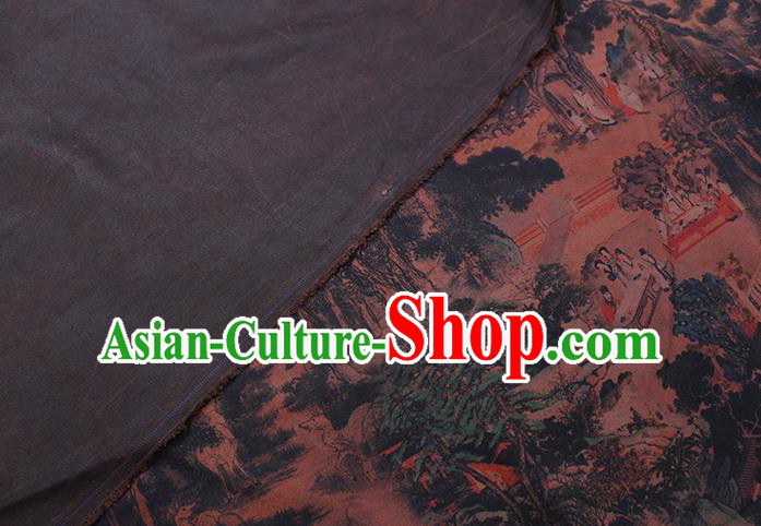 Chinese Traditional Brown Gambiered Guangdong Gauze Cheongsam Fabric Classical Landscape Pattern Silk Drapery