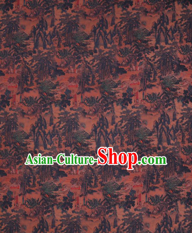 Chinese Traditional Brown Gambiered Guangdong Gauze Cheongsam Fabric Classical Landscape Pattern Silk Drapery