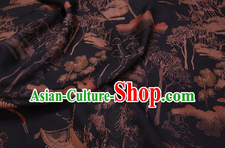 Chinese Classical Landscape Pattern Black Silk Drapery Traditional Cheongsam Silk Fabric Gambiered Guangdong Gauze