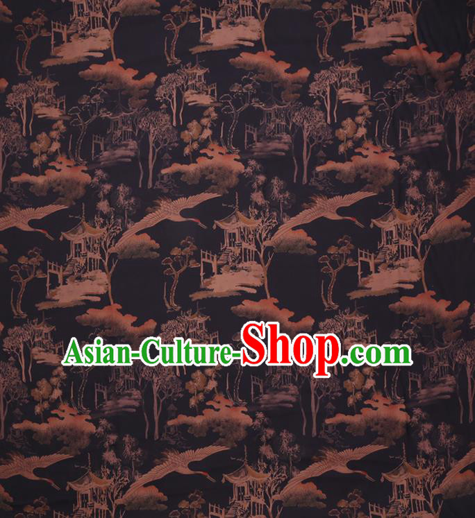 Chinese Classical Landscape Pattern Black Silk Drapery Traditional Cheongsam Silk Fabric Gambiered Guangdong Gauze