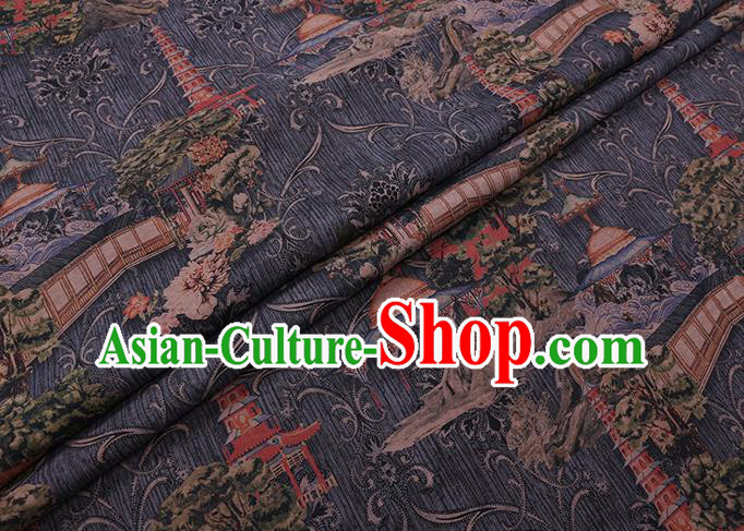 Chinese Classical Pagoda Pattern Silk Drapery Traditional Cheongsam Gambiered Guangdong Gauze Grey Silk Fabric
