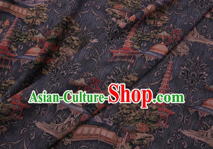Chinese Classical Pagoda Pattern Silk Drapery Traditional Cheongsam Gambiered Guangdong Gauze Grey Silk Fabric
