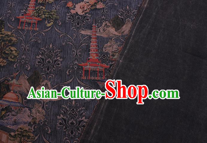 Chinese Classical Pagoda Pattern Silk Drapery Traditional Cheongsam Gambiered Guangdong Gauze Grey Silk Fabric