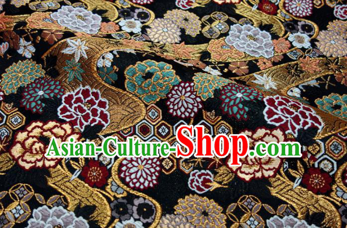 Asian Traditional Peony Chrysanthemum Pattern Design Brocade Japanese Kimono Fabric Nishijin Black Tapestry Satin