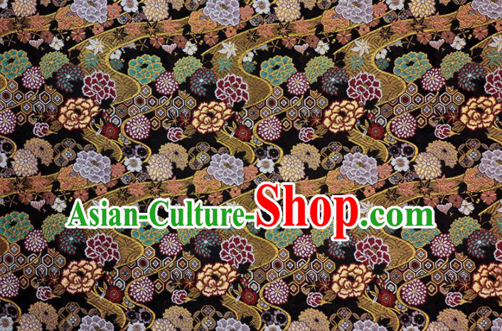 Asian Traditional Peony Chrysanthemum Pattern Design Brocade Japanese Kimono Fabric Nishijin Black Tapestry Satin