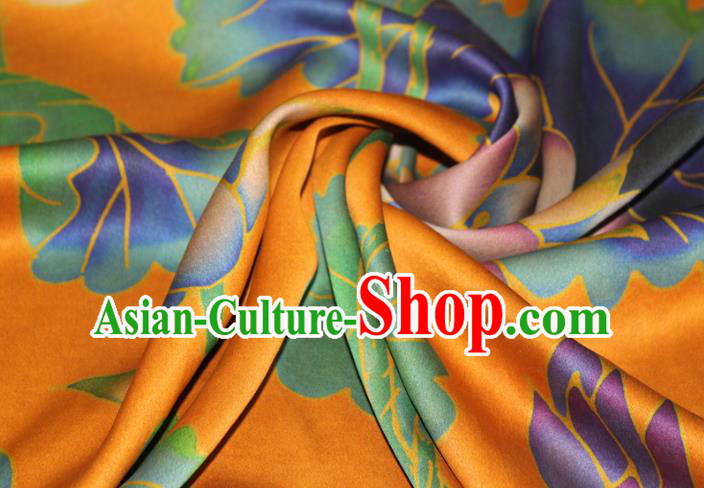 Chinese Classical Lotus Pattern Yellow Silk Drapery Traditional Gambiered Guangdong Gauze Cheongsam Satin Fabric