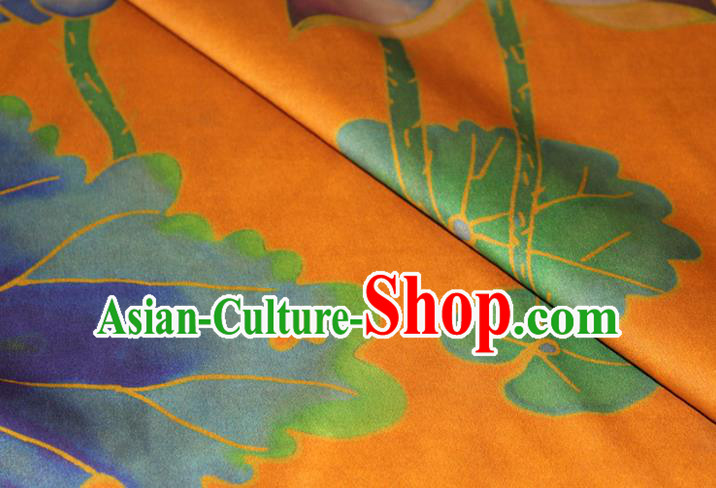 Chinese Classical Lotus Pattern Yellow Silk Drapery Traditional Gambiered Guangdong Gauze Cheongsam Satin Fabric