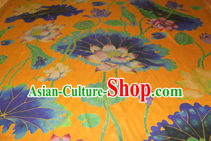 Chinese Classical Lotus Pattern Yellow Silk Drapery Traditional Gambiered Guangdong Gauze Cheongsam Satin Fabric