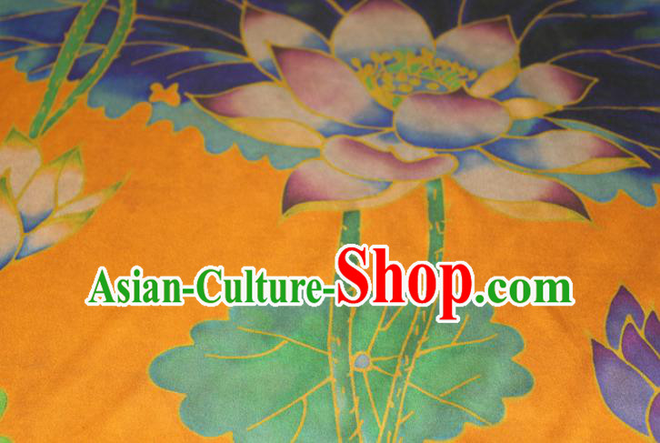 Chinese Classical Lotus Pattern Yellow Silk Drapery Traditional Gambiered Guangdong Gauze Cheongsam Satin Fabric