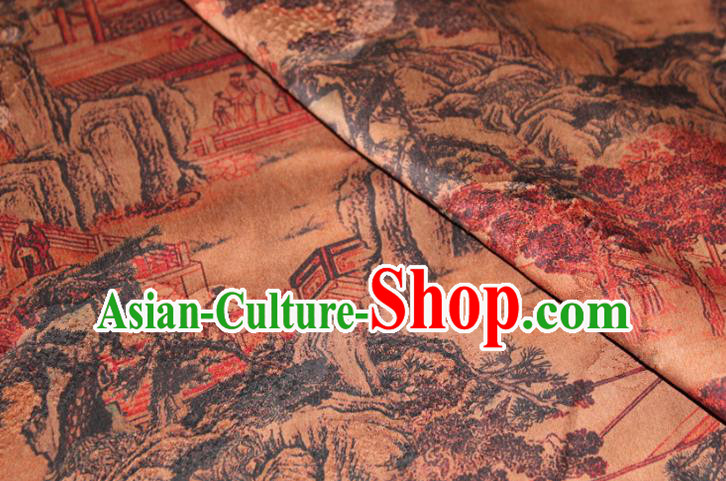 Chinese Classical Landscape Pattern Silk Drapery Traditional Gambiered Guangdong Gauze Cheongsam Ginger Satin Fabric