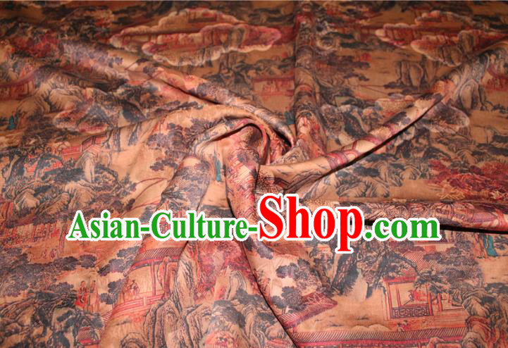 Chinese Classical Landscape Pattern Silk Drapery Traditional Gambiered Guangdong Gauze Cheongsam Ginger Satin Fabric