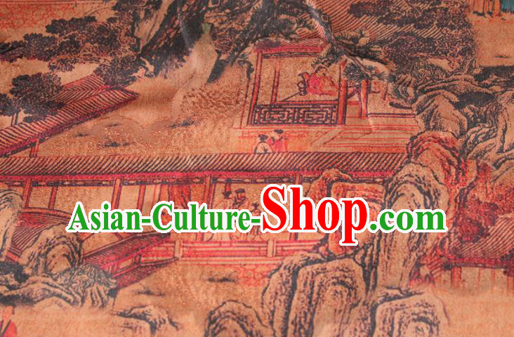 Chinese Classical Landscape Pattern Silk Drapery Traditional Gambiered Guangdong Gauze Cheongsam Ginger Satin Fabric