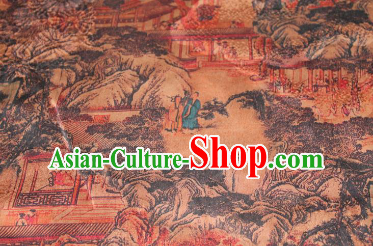 Chinese Classical Landscape Pattern Silk Drapery Traditional Gambiered Guangdong Gauze Cheongsam Ginger Satin Fabric