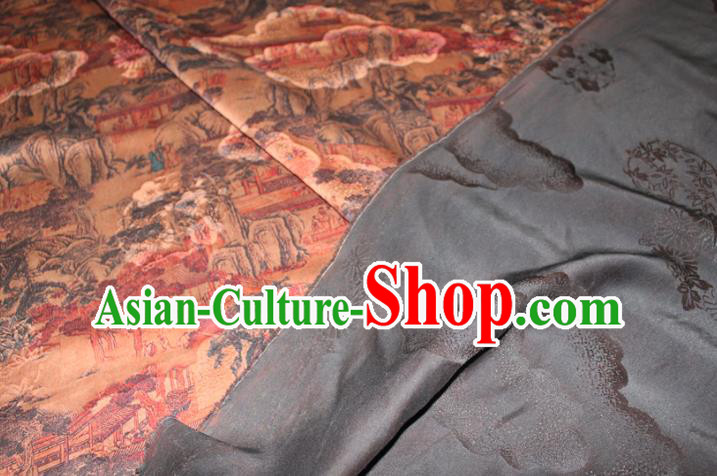 Chinese Classical Landscape Pattern Silk Drapery Traditional Gambiered Guangdong Gauze Cheongsam Ginger Satin Fabric