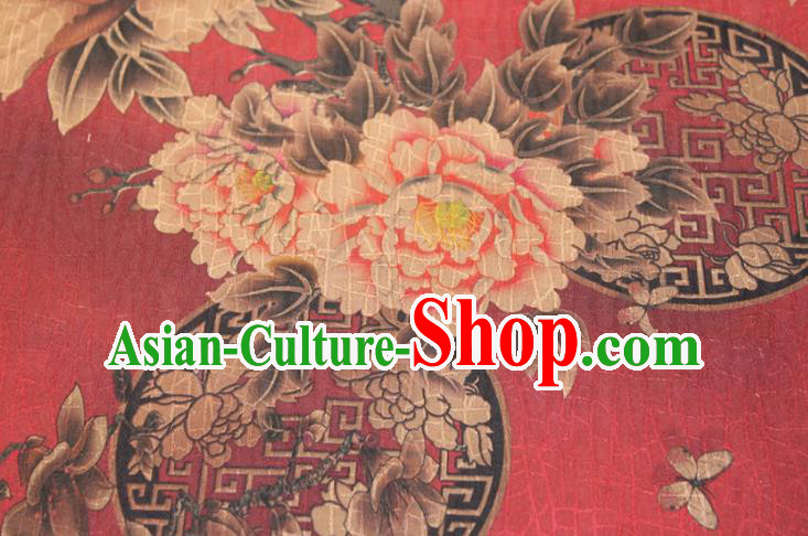 Chinese Classical Peony Pattern Silk Drapery Traditional Gambiered Guangdong Gauze Cheongsam Red Satin Fabric